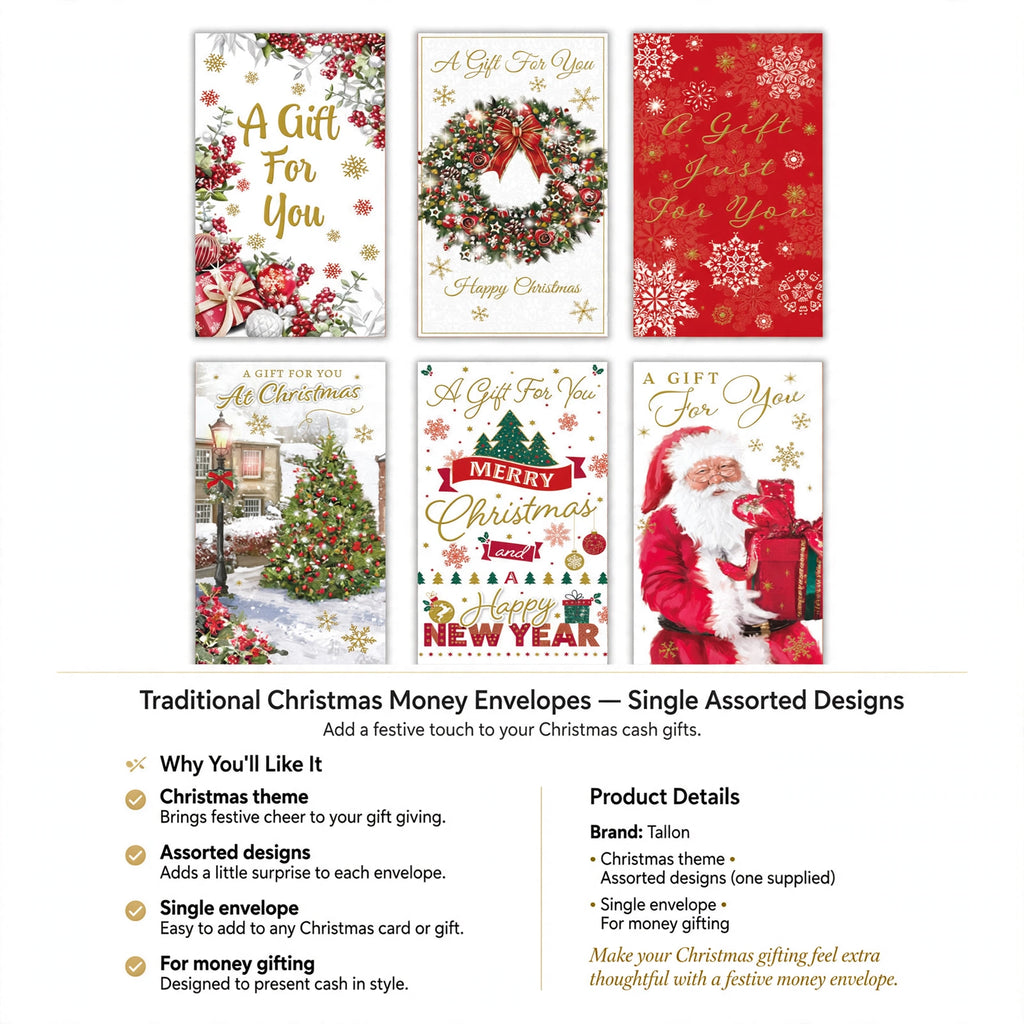Christmas money envelope features Christmas theme, assorted designs, single envelope, for money gifting