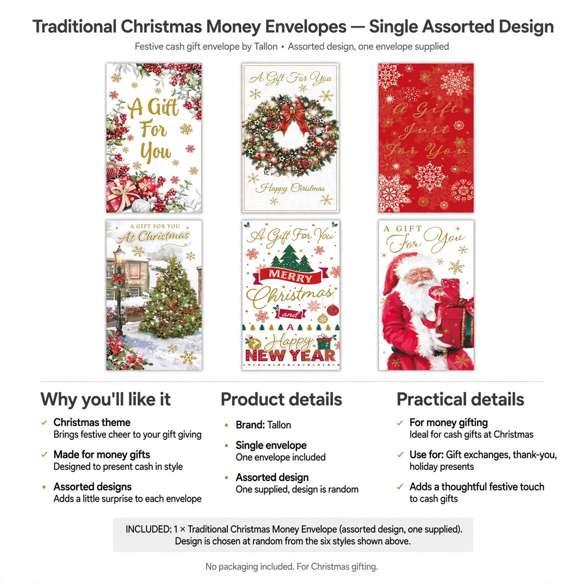 Single envelope designed for presenting money gifts with a Christmas theme
