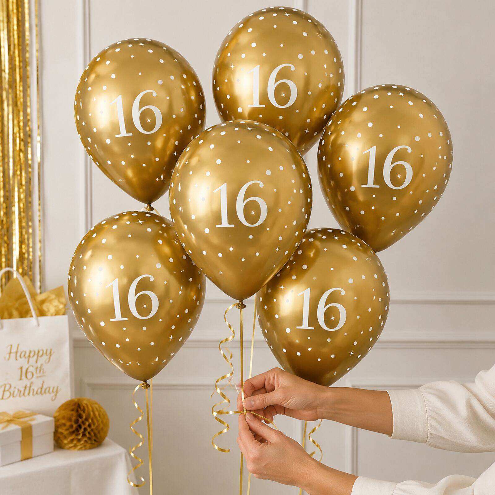 Adult hands safely tying ribbon to gold number 16 birthday balloons
