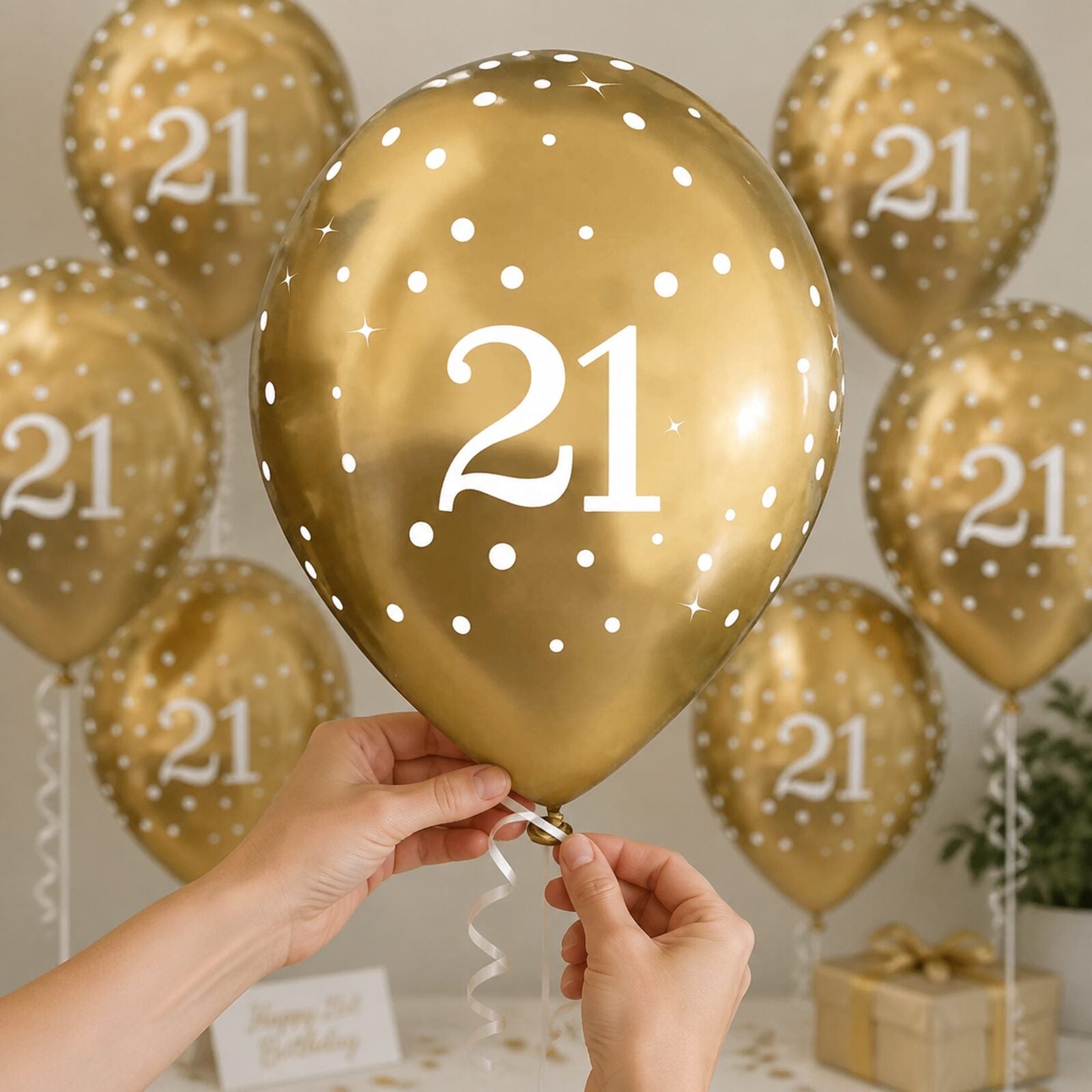 Adult hands safely tying ribbon to a gold number 21 birthday balloon