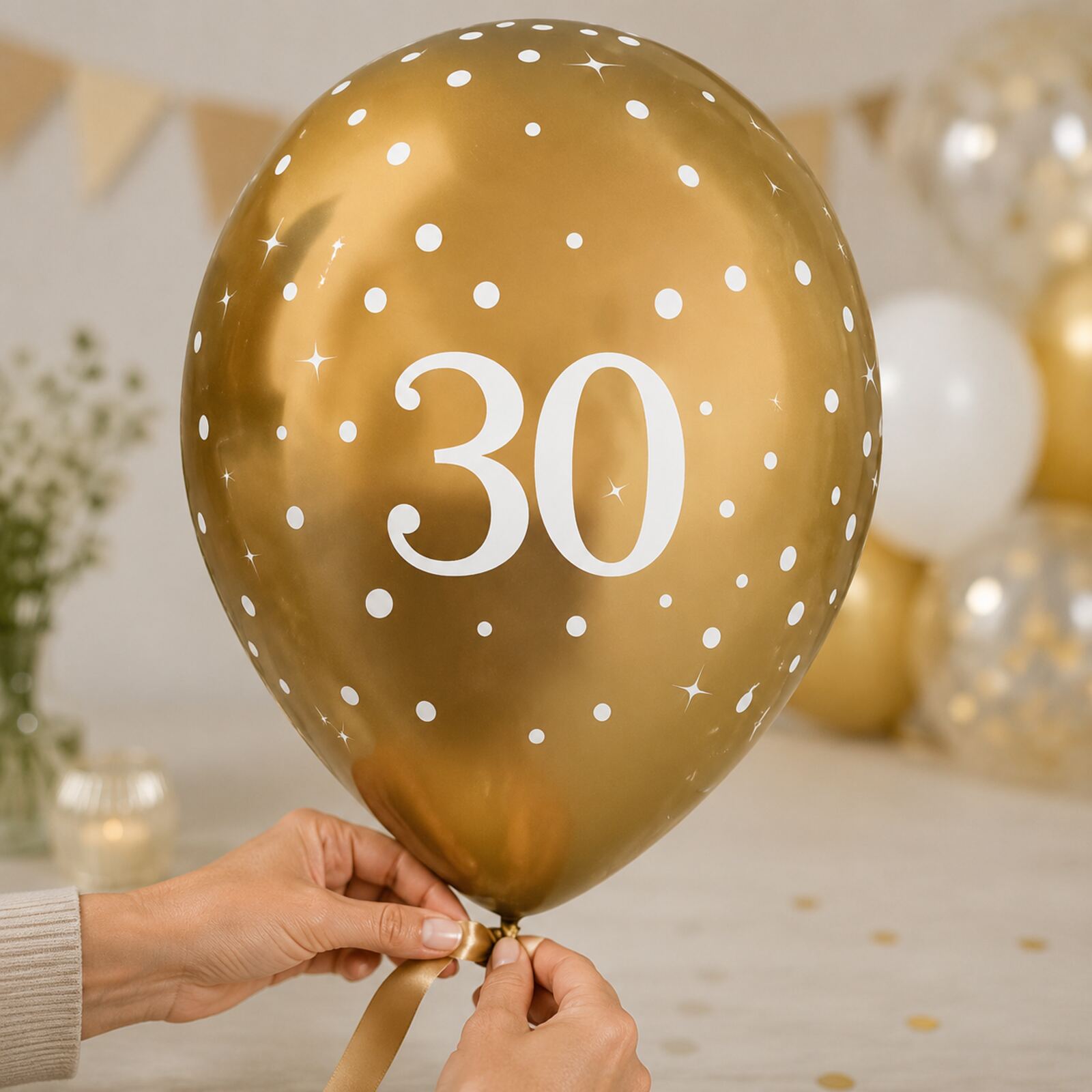 Adult hands safely tying a gold number 30 birthday balloon