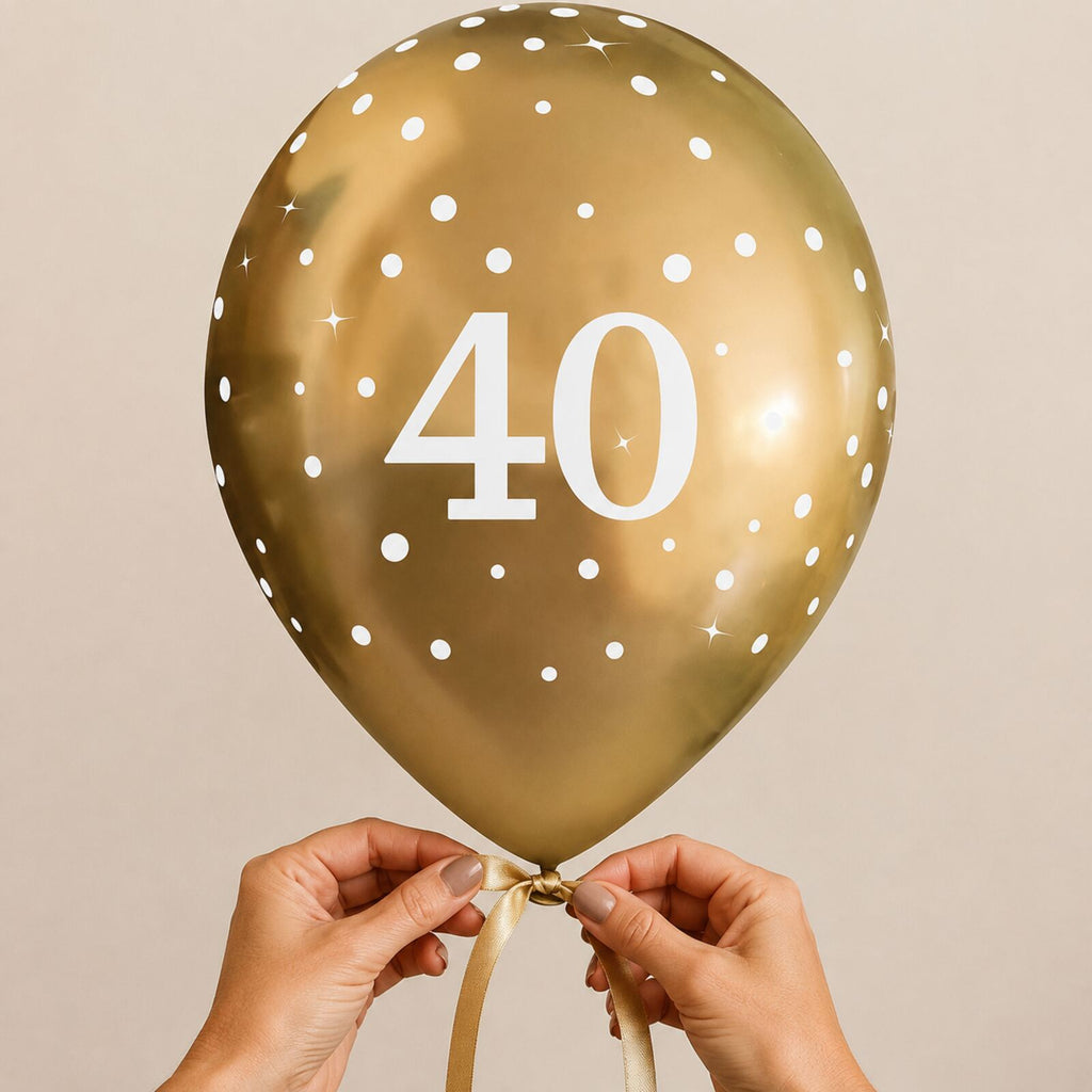 Adult hands safely tying a gold number 40 birthday balloon