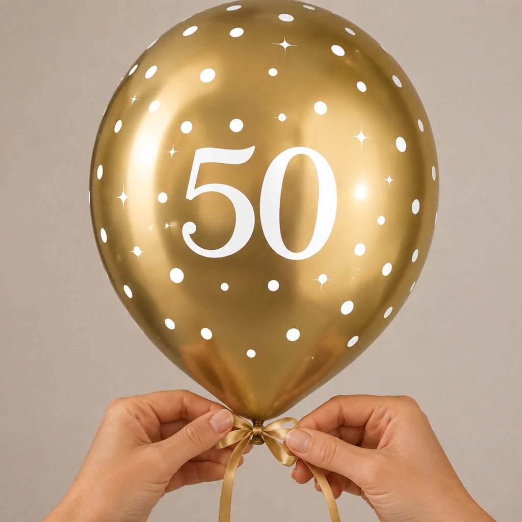 Adult hands safely tying a gold number 50 birthday balloon
