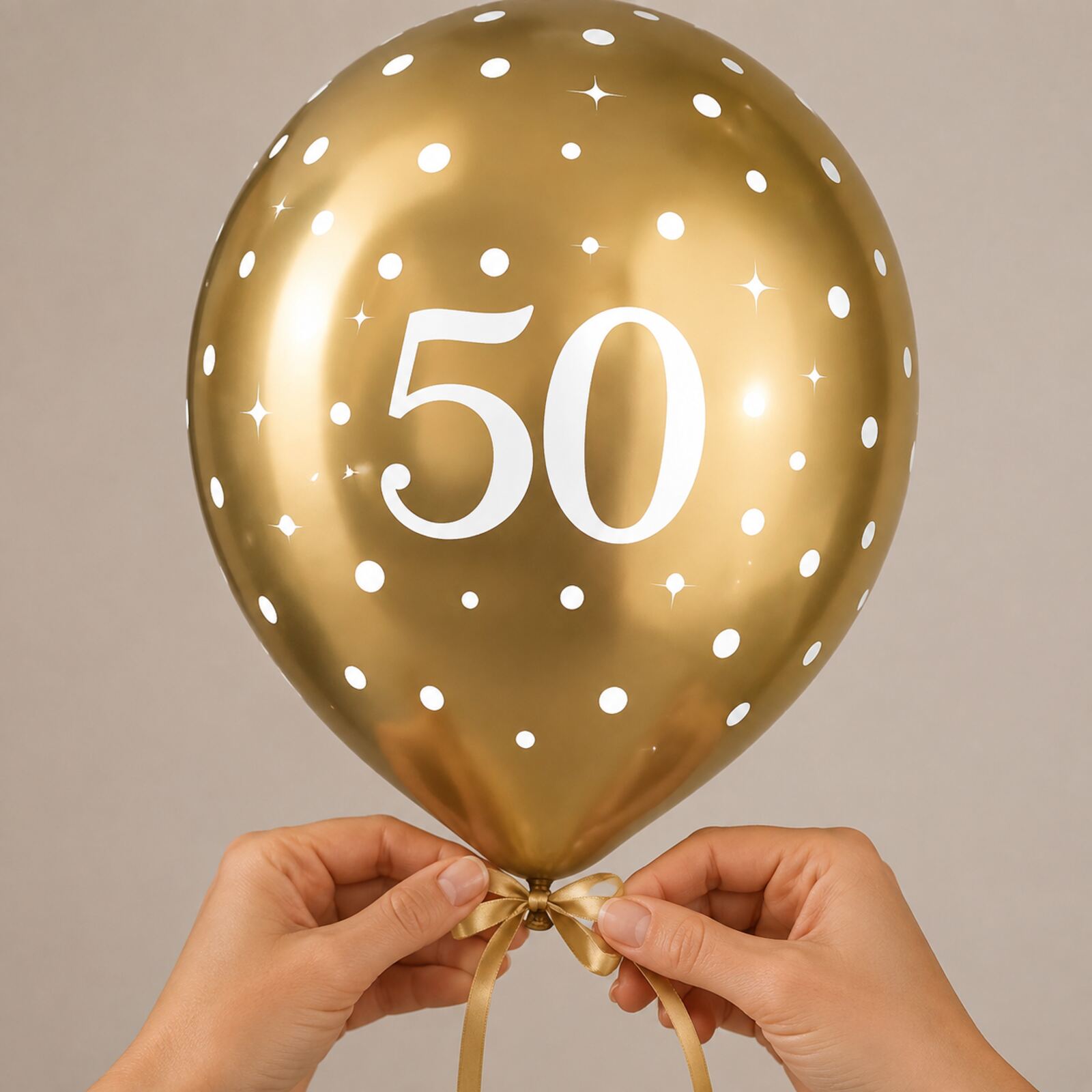 Adult hands safely tying a gold number 50 birthday balloon