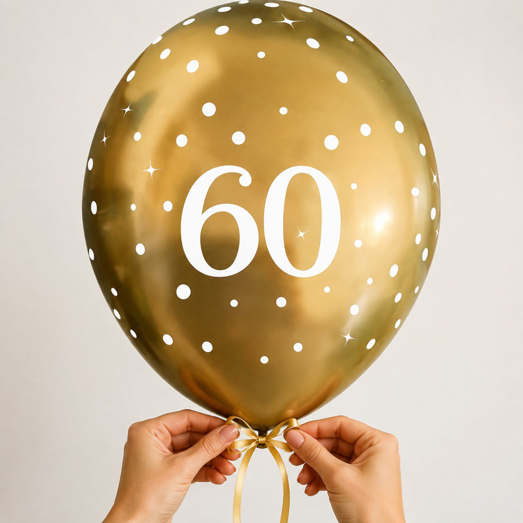 Adult hands safely tying a gold number 60 birthday balloon