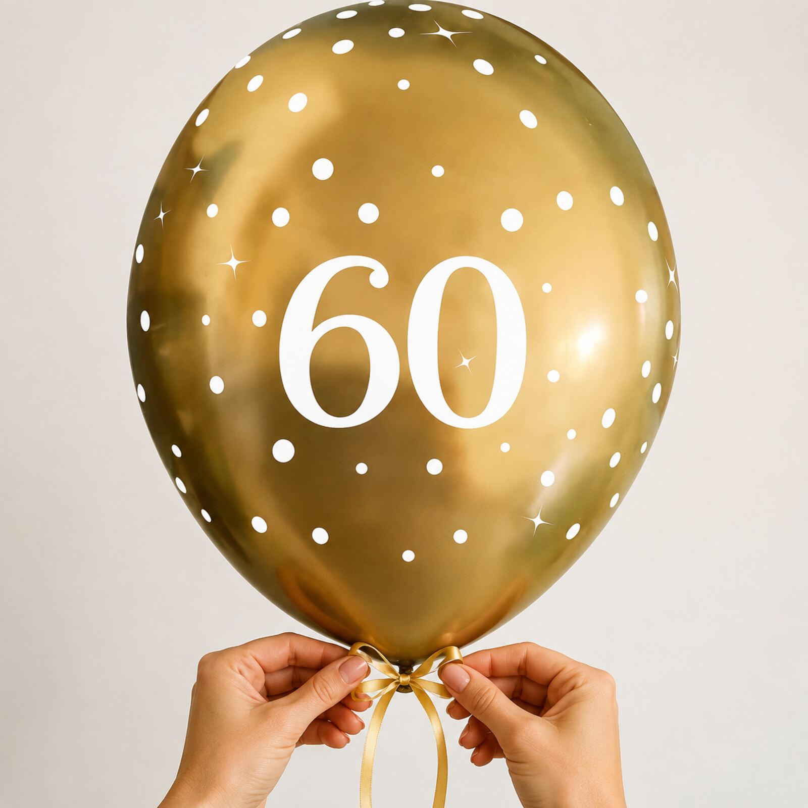 Adult hands safely tying a gold number 60 birthday balloon