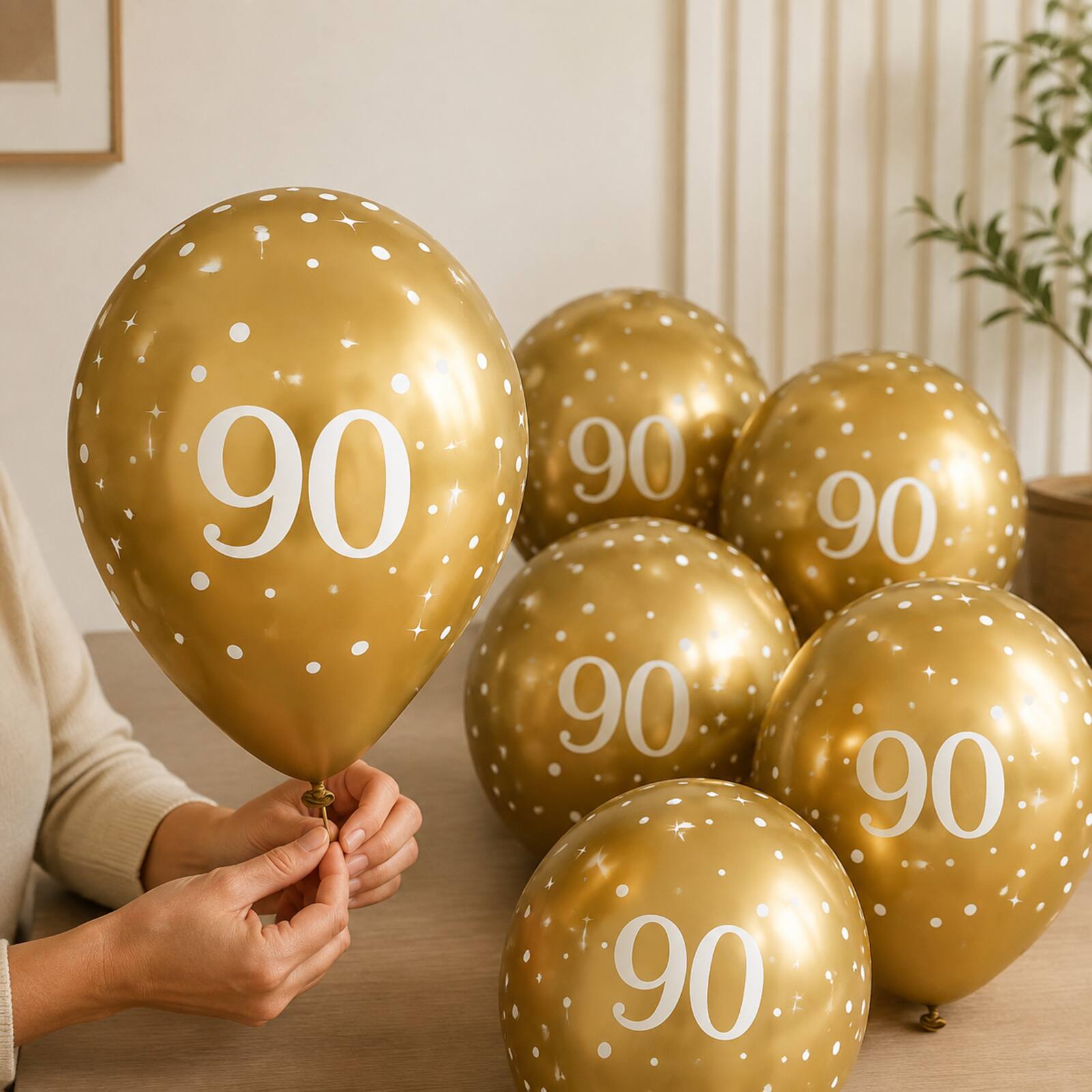 Adult hands safely tying a gold number 90 birthday balloon