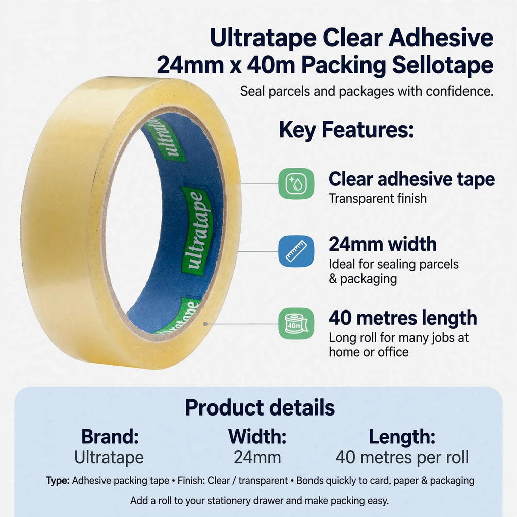 Infographic showing clear adhesive tape features including 24mm width and 40 metres length