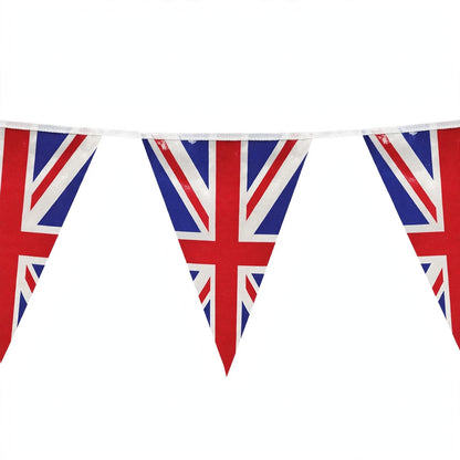 Close-up view of Union Jack triangle flags on bunting string