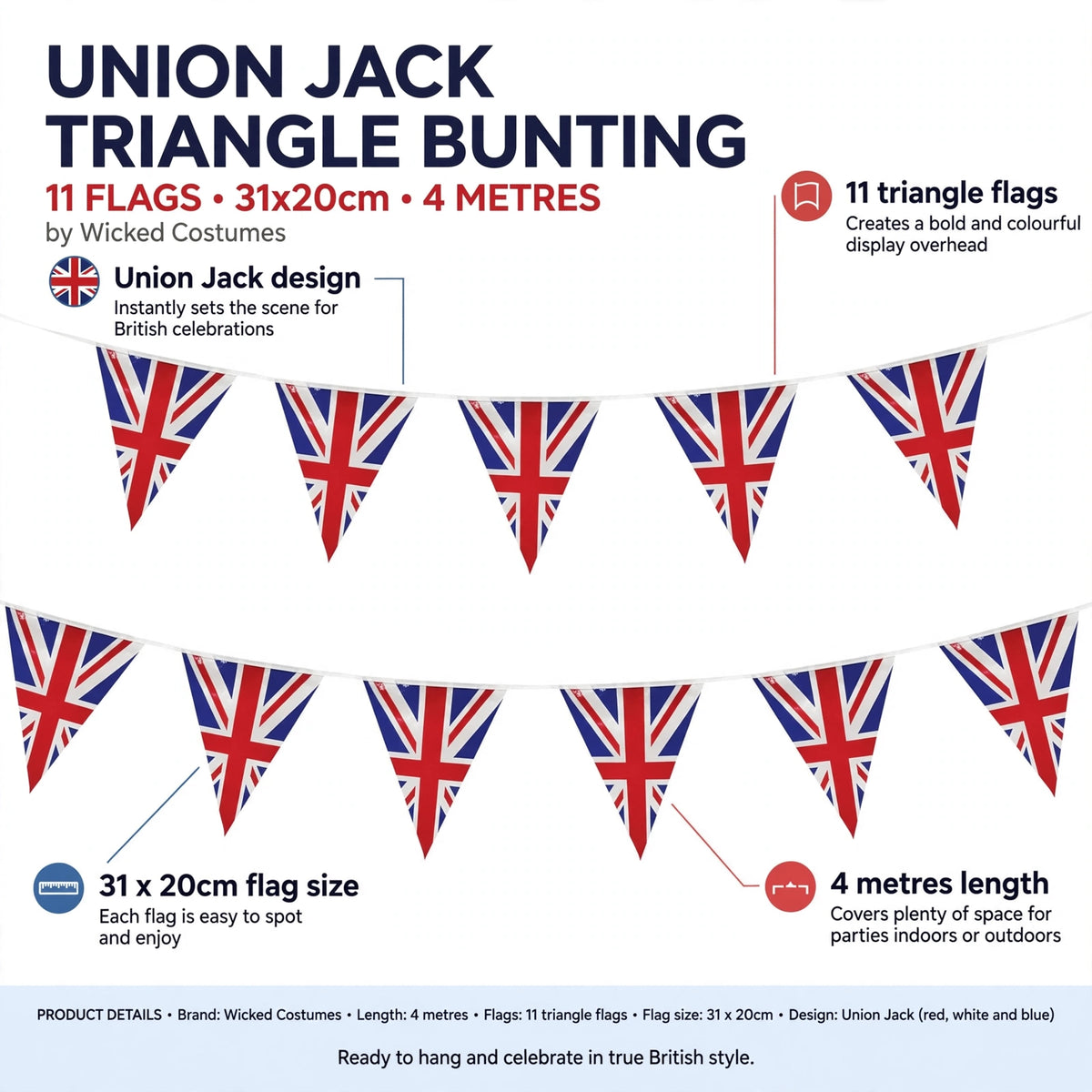 Infographic showing 11 Union Jack triangle flags each 31 by 20 centimeters on a 4 metre length string