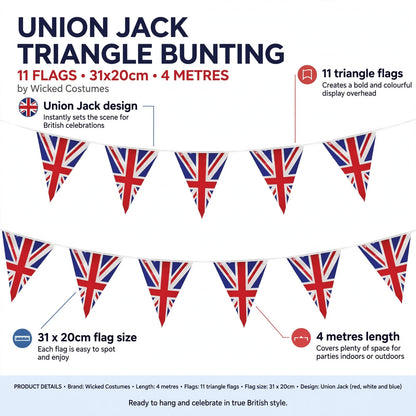 Infographic showing 11 Union Jack triangle flags each 31 by 20 centimeters on a 4 metre length string