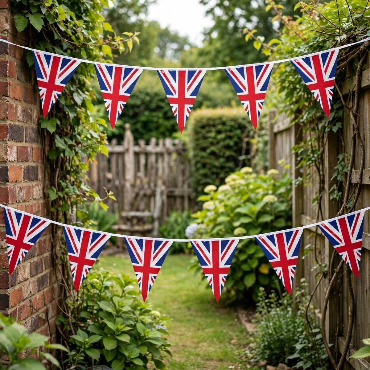 Union Jack triangle bunting displayed for British celebration or party