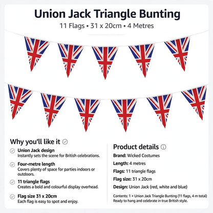 Union Jack triangle bunting with 11 flags on a 4 metre length string ready to hang