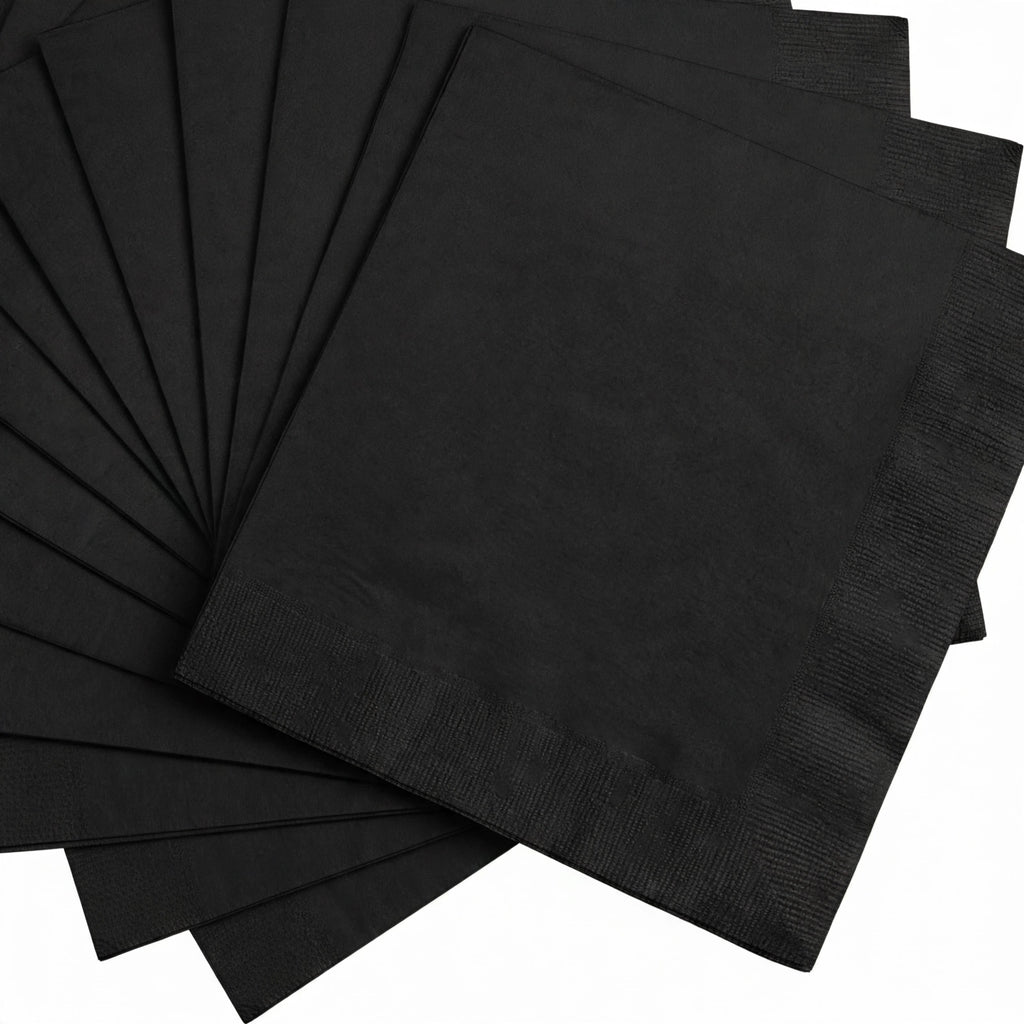 Close-up view of black luncheon napkin from the 20 pack