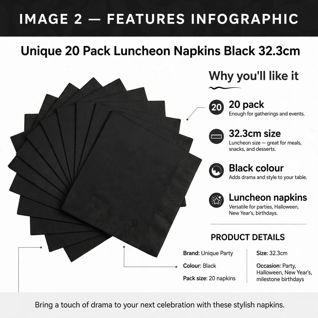 Infographic showing 20 pack, black colour, and 32.3cm luncheon size features