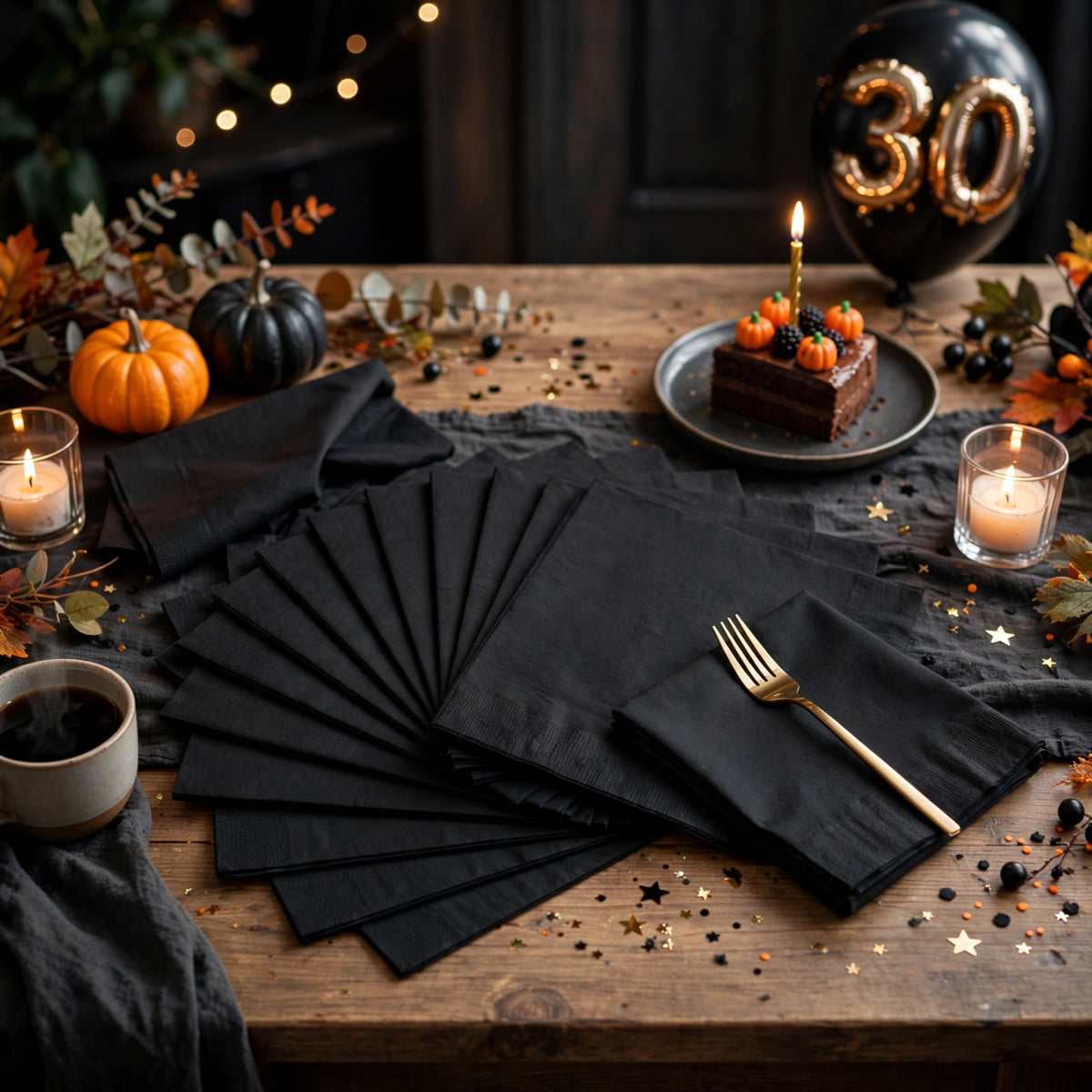 Black luncheon napkins displayed on a party table for Halloween or New Year's Eve