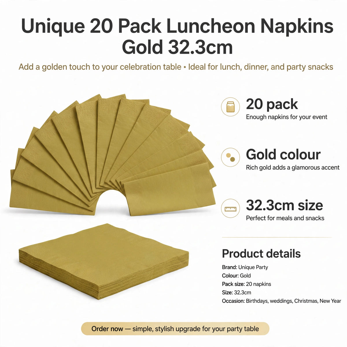Infographic showing 20 pack, gold colour, and 32.3cm size features of luncheon napkins