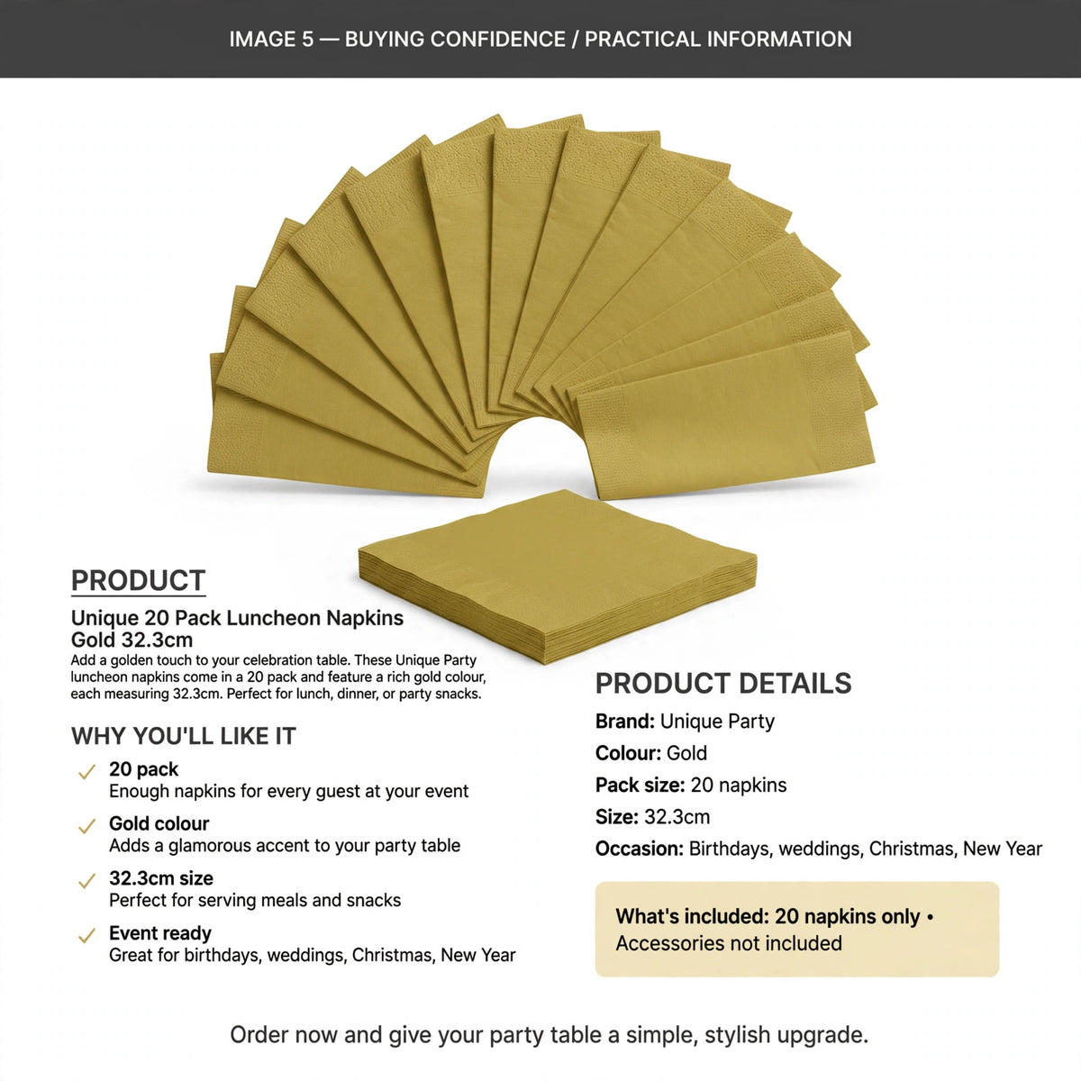 20 pack of gold luncheon napkins suitable for birthdays, weddings, Christmas, and New Year