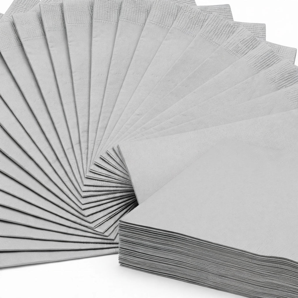 Close-up view of silver luncheon napkins from Unique Party pack