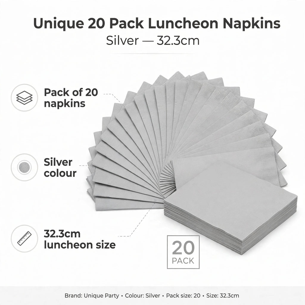 Infographic showing pack of 20 silver luncheon napkins sized 32.3cm