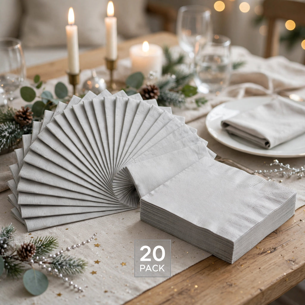 Silver luncheon napkins displayed on a party table for celebrations