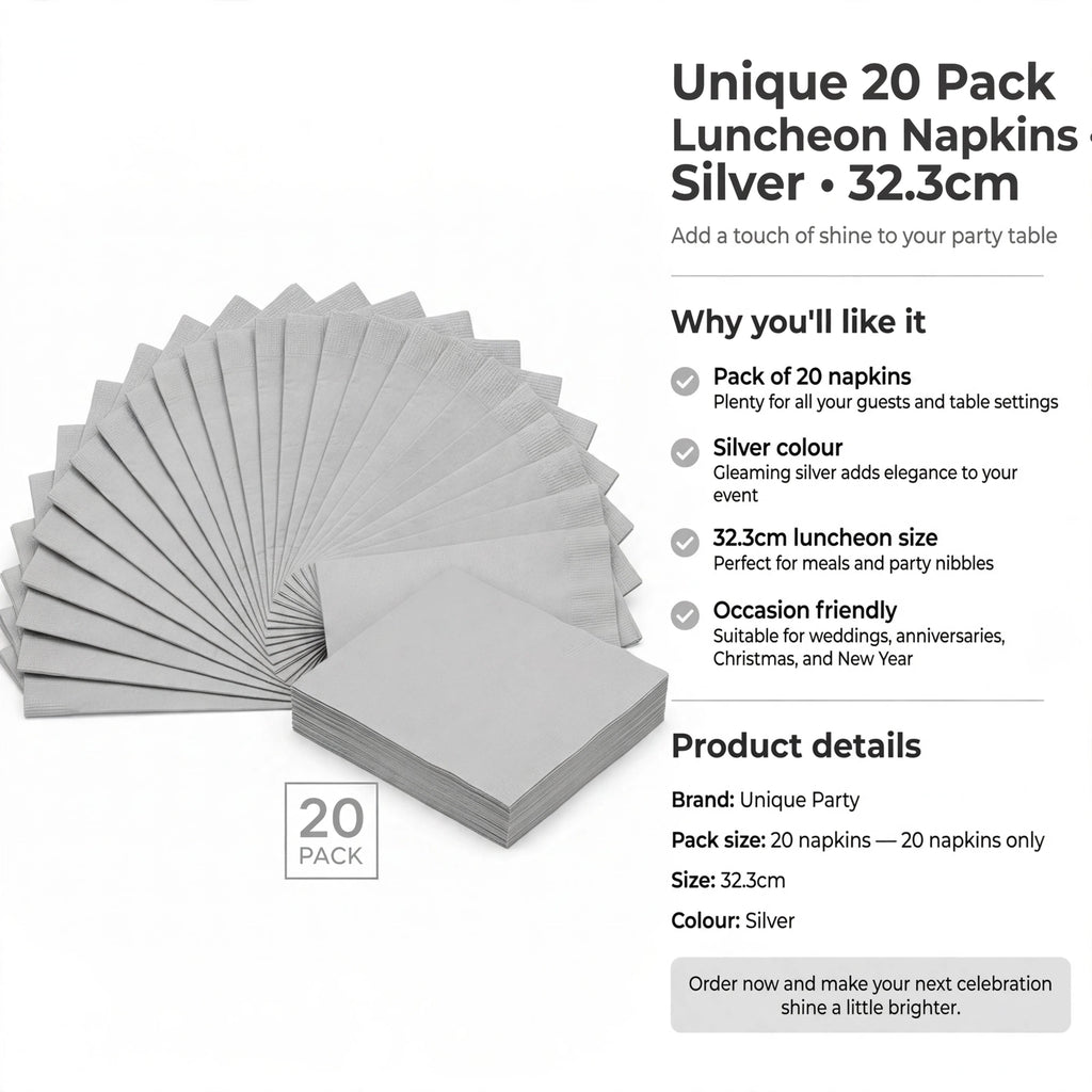 Silver luncheon napkins in a 20 pack suitable for weddings and celebrations