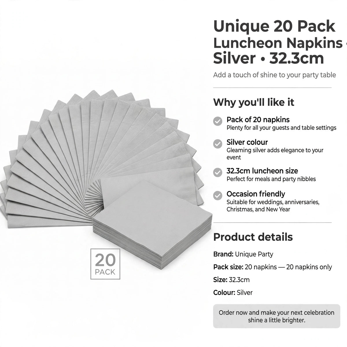 Silver luncheon napkins in a 20 pack suitable for weddings and celebrations