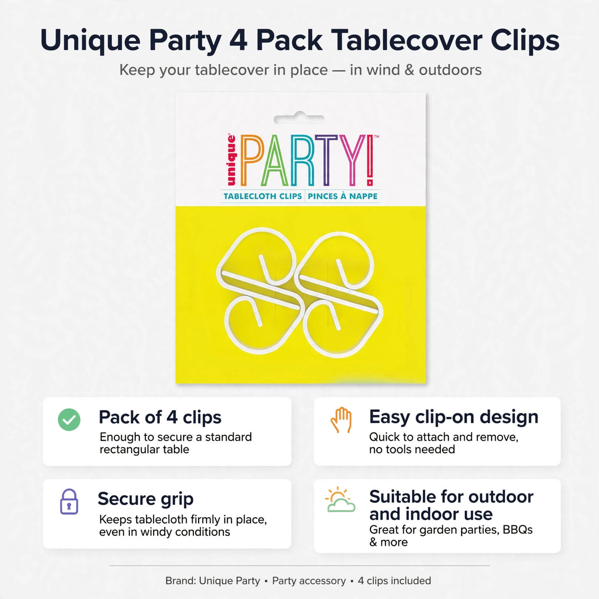 Infographic showing pack of 4 clips with secure grip and easy clip-on design