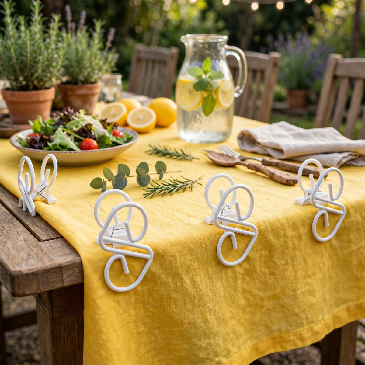 Tablecover clips used to secure tablecloth at an outdoor garden party