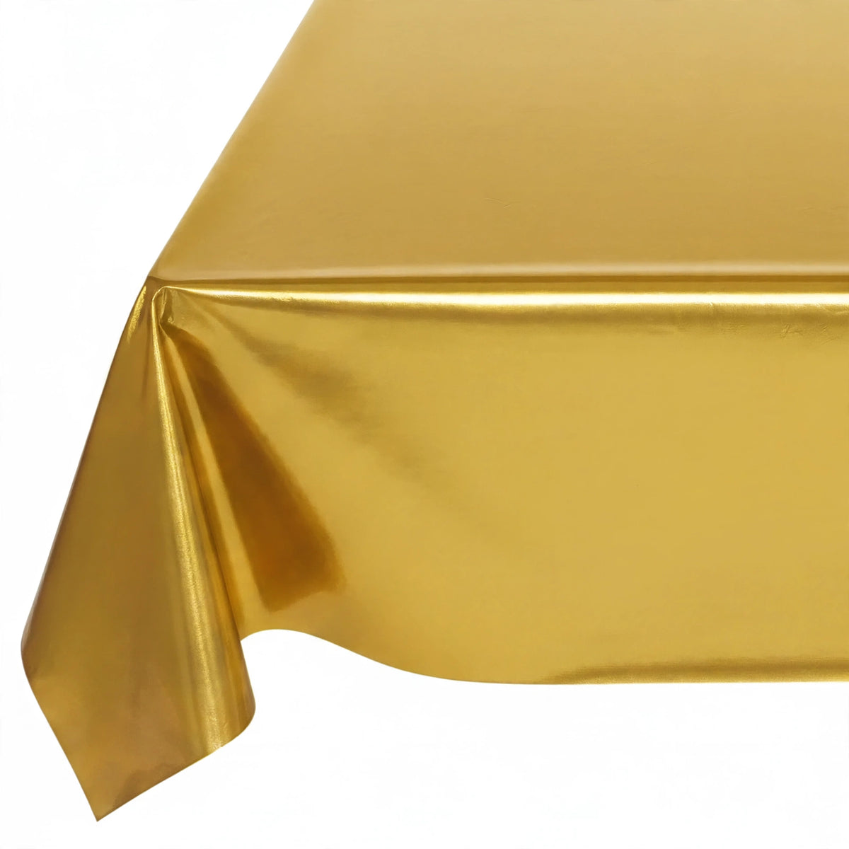 Close-up view of the gold disposable plastic table cover
