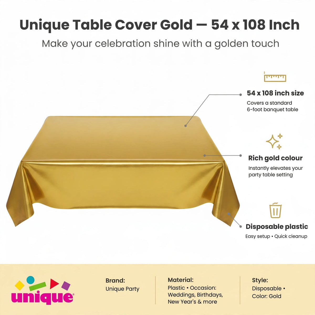 Infographic showing 54 by 108 inch size, disposable plastic material, and rich gold colour