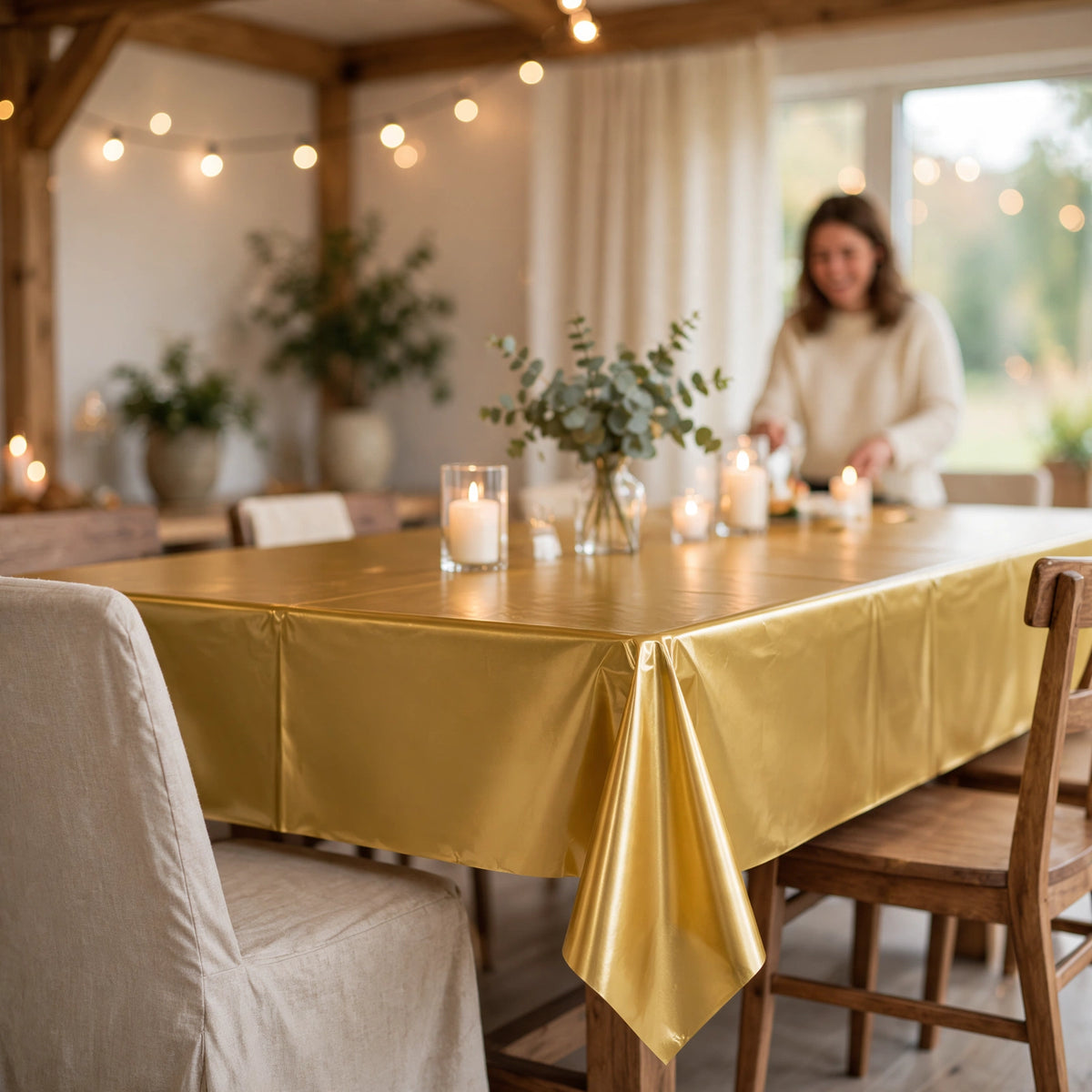 Gold table cover displayed on a standard 6-foot banquet table at a celebration