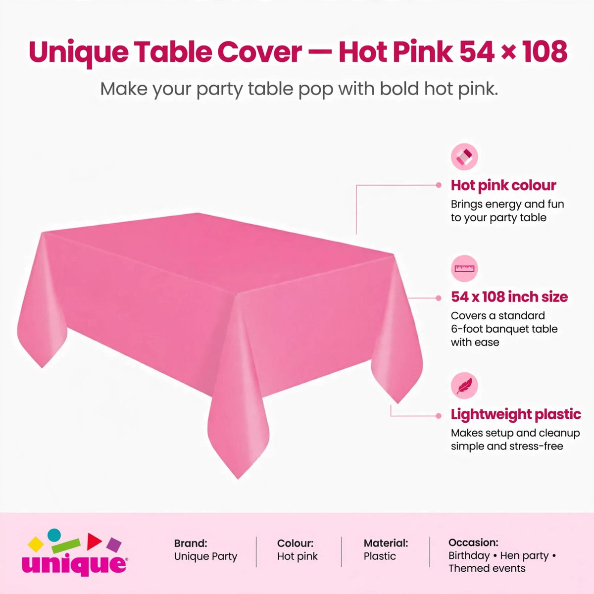 Infographic showing hot pink colour, 54 by 108 inch size, and lightweight plastic material