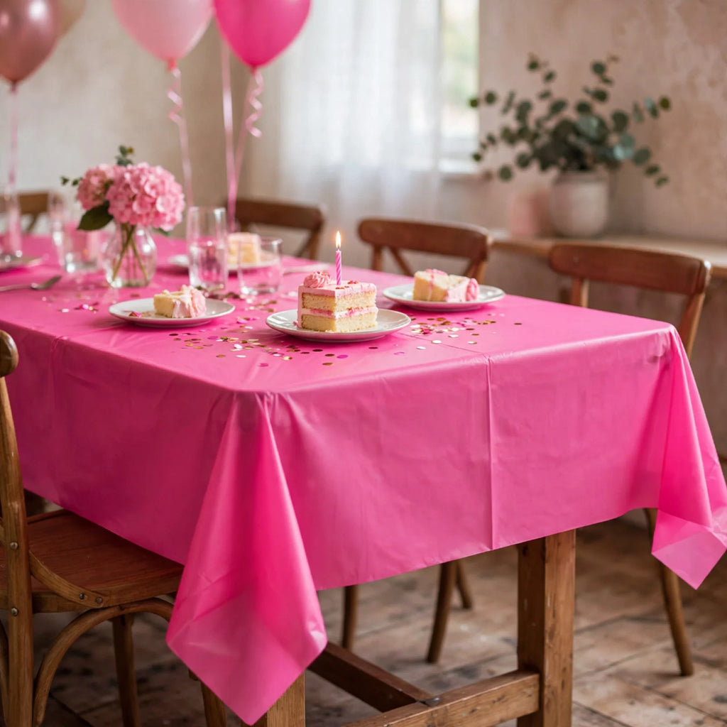 Unique Table Cover in hot pink displayed on a party table setting