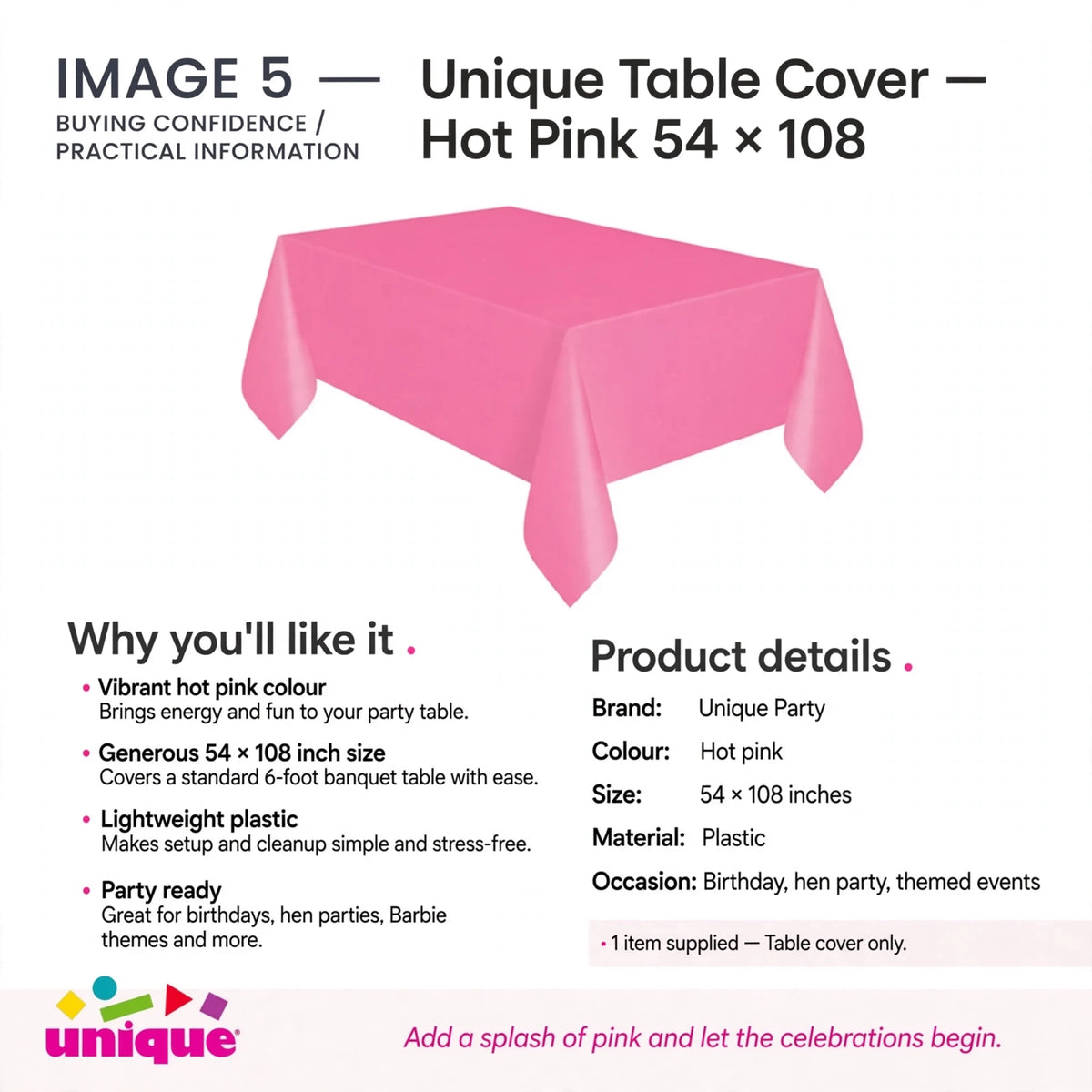 Unique Table Cover made of lightweight plastic sized 54 by 108 inches for standard 6-foot banquet tables