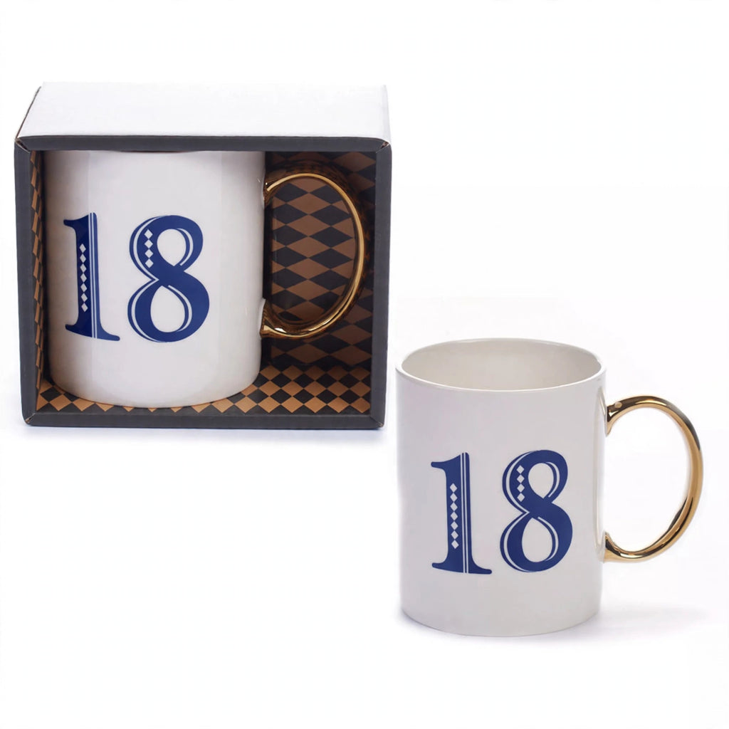 Art Deco 18th Birthday Gift Mug in white, blue, and gold