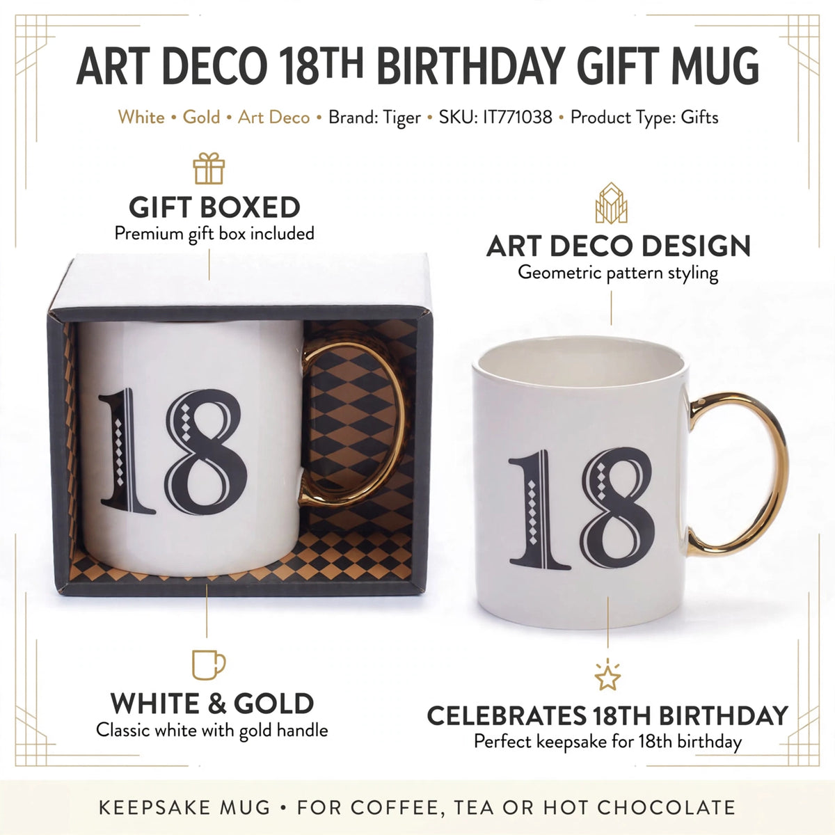 Features of the Art Deco 18th Birthday Gift Mug