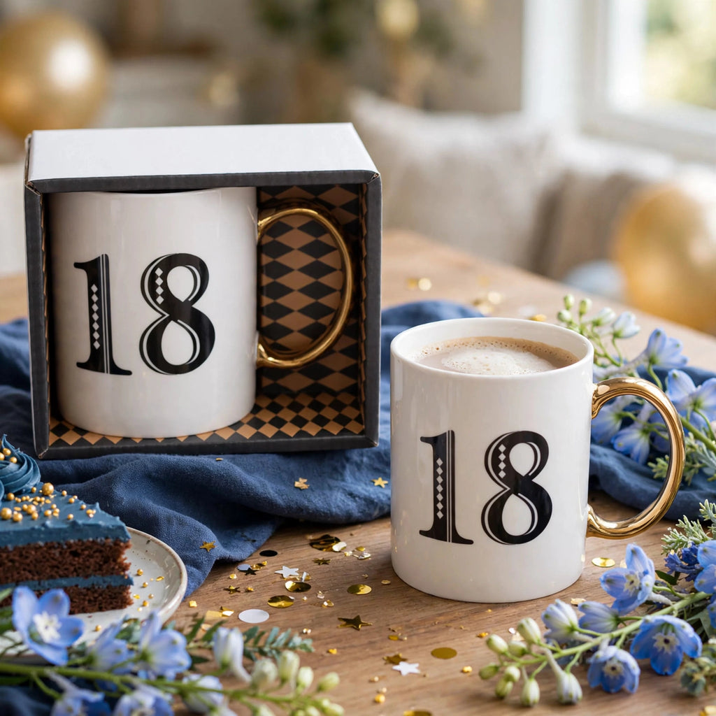 Art Deco 18th Birthday Gift Mug displayed in a celebratory setting