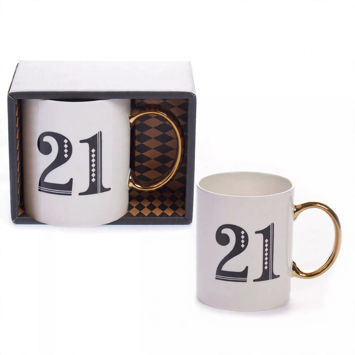Close-up of the Art Deco 21st Birthday Gift Mug showcasing its design