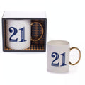 Art Deco 21st Birthday Gift Mug in white, blue, and gold featuring Art Deco detailing
