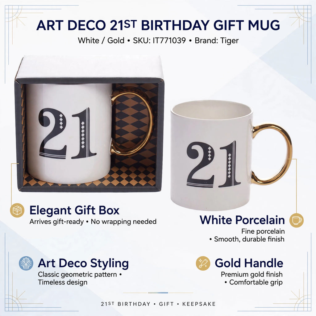 Features of the Art Deco 21st Birthday Gift Mug including porcelain and gift box