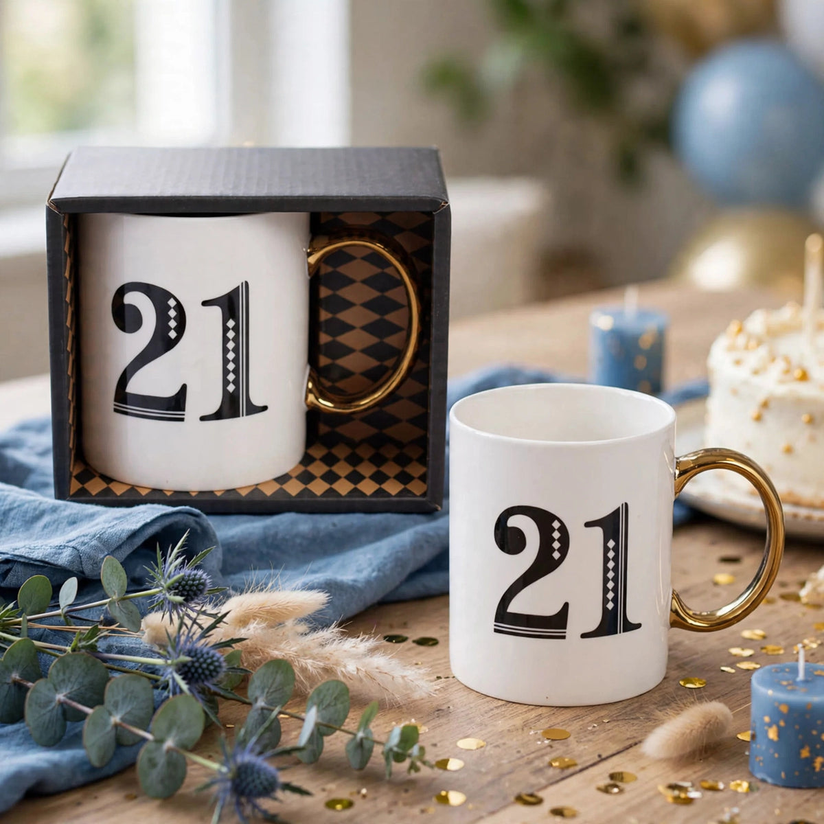 Art Deco 21st Birthday Gift Mug displayed on a table ready for a birthday celebration