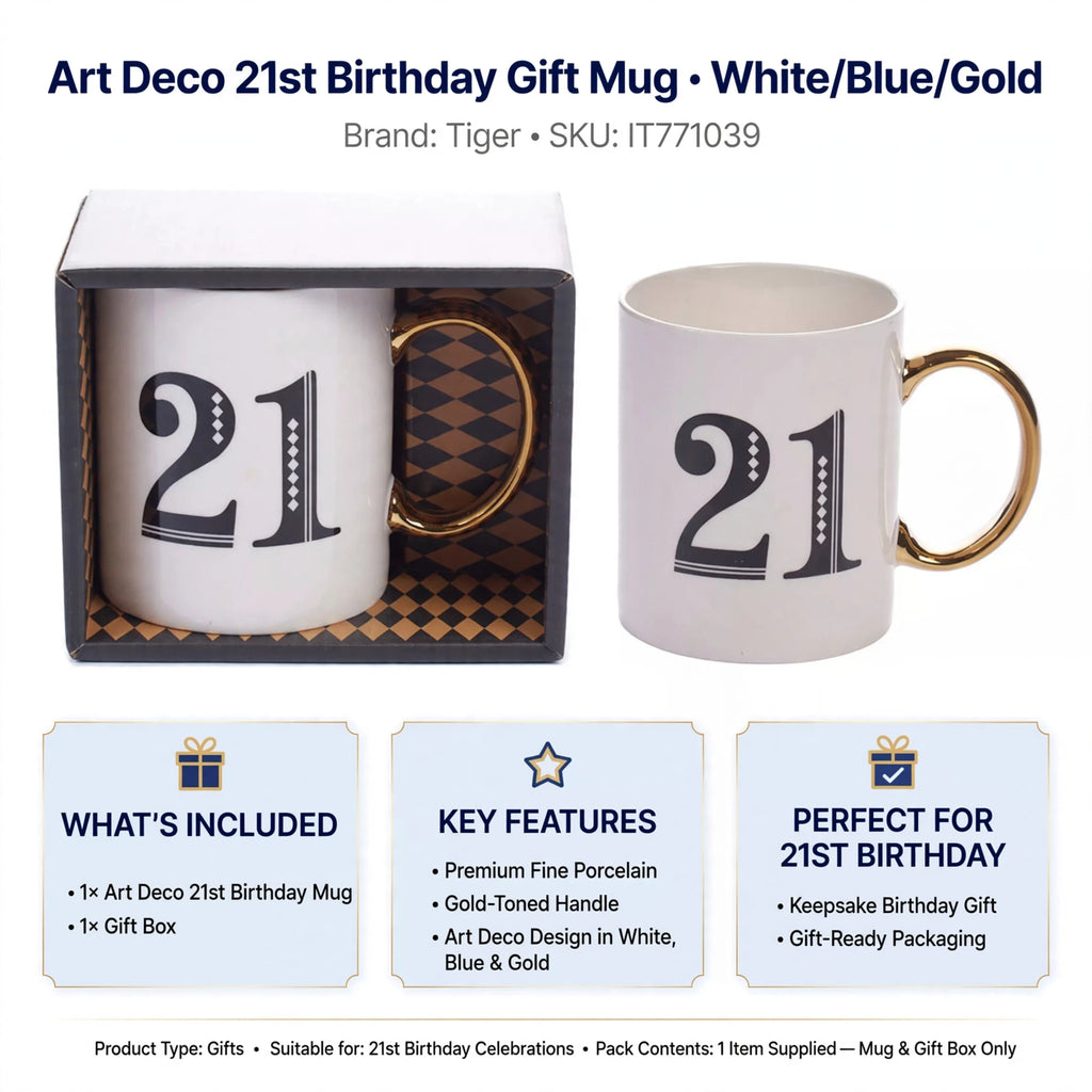 Art Deco 21st Birthday Gift Mug arriving in an elegant gift box