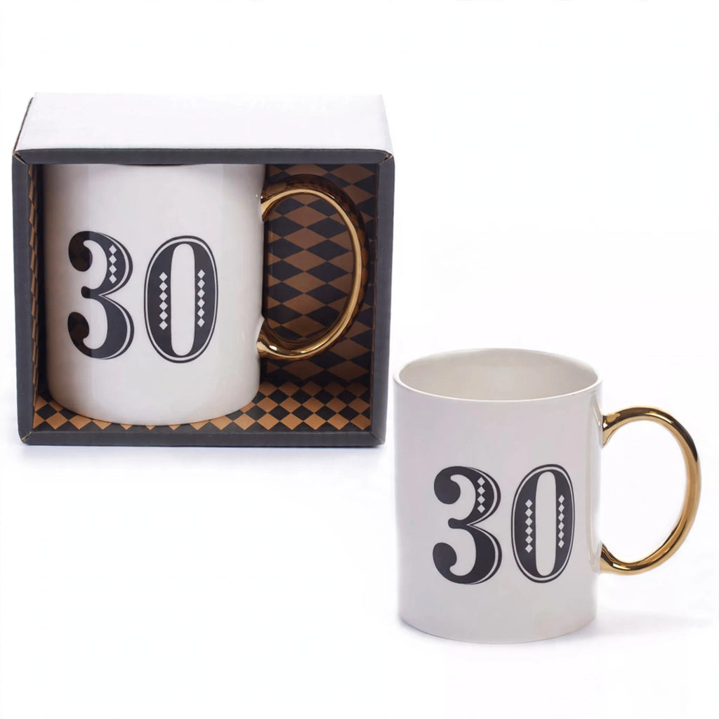 Detail view of the Art Deco 30th Birthday Gift Mug highlighting the blue and gold patterns