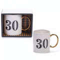 Art Deco 30th Birthday Gift Mug featuring white base with blue and gold geometric patterns