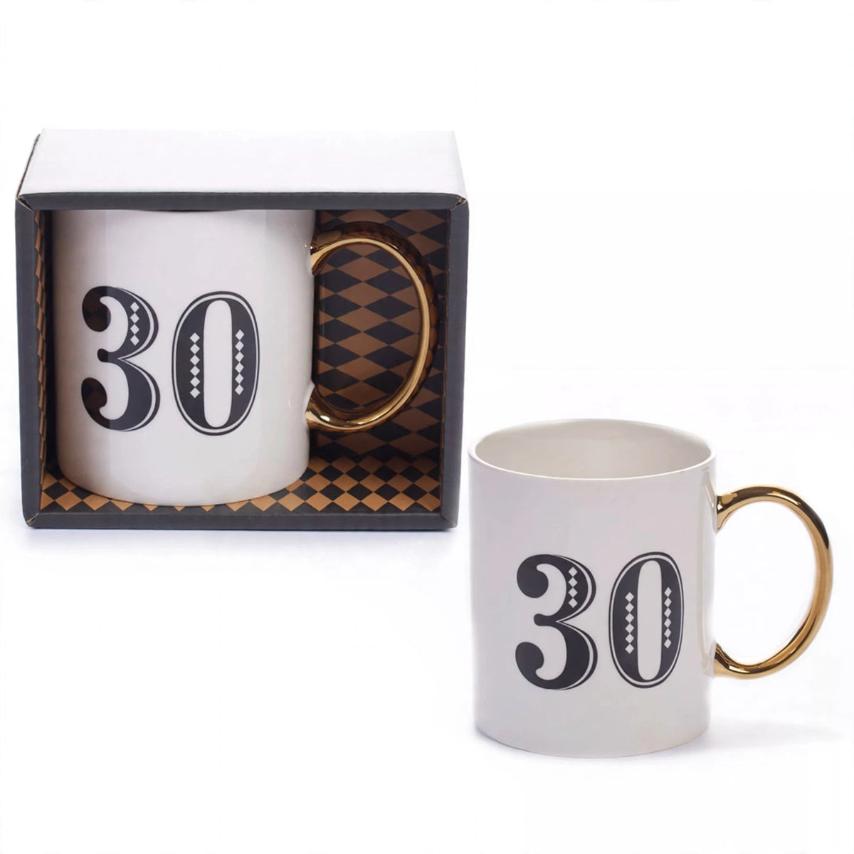 Art Deco 30th Birthday Gift Mug featuring white base with blue and gold geometric patterns
