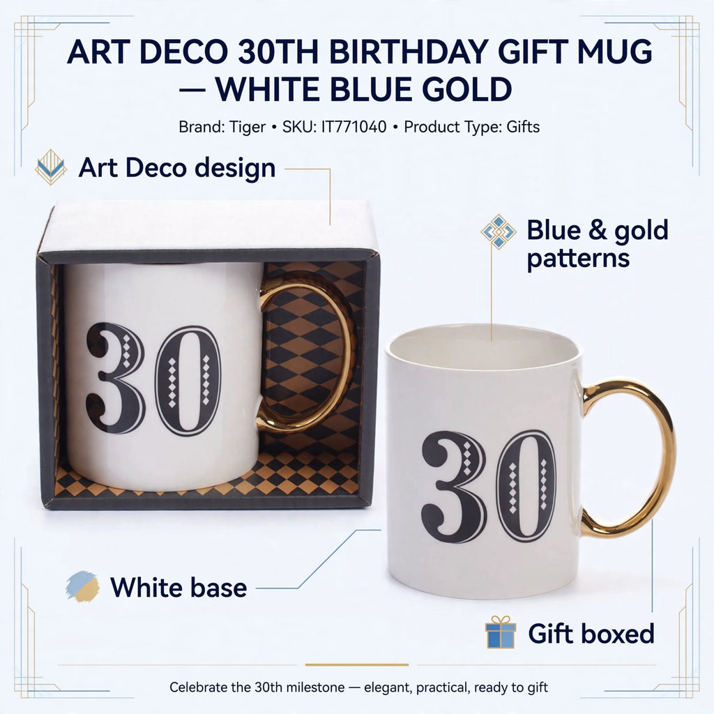Features of the Art Deco 30th Birthday Gift Mug including design and gift box