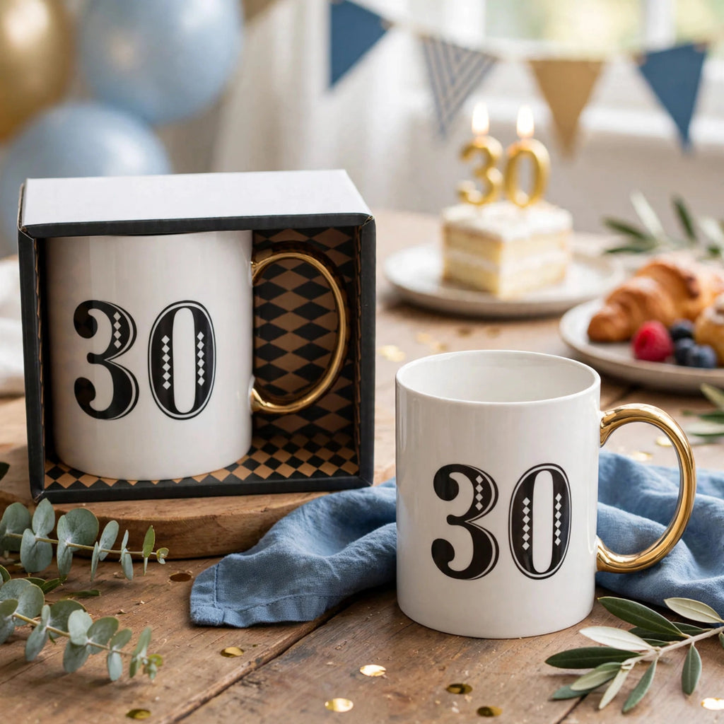 Art Deco 30th Birthday Gift Mug displayed in a festive setting for a birthday celebration