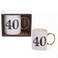 Art Deco gift mug for age 40 in white, blue, and gold, elegantly displayed