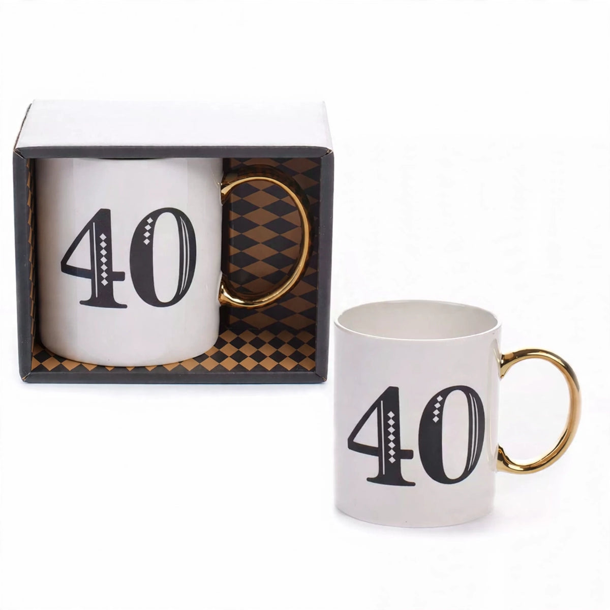 Art Deco gift mug for age 40 in white, blue, and gold, elegantly displayed
